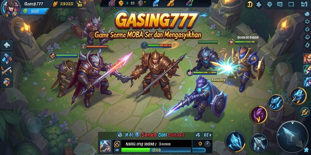 Screenshot gameplay GASING777 dengan karakter menarik dalam pertempuran MOBA.