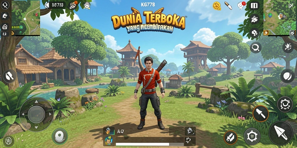 Screenshot menampilkan karakter utama menjelajahi dunia terbuka yang luas.