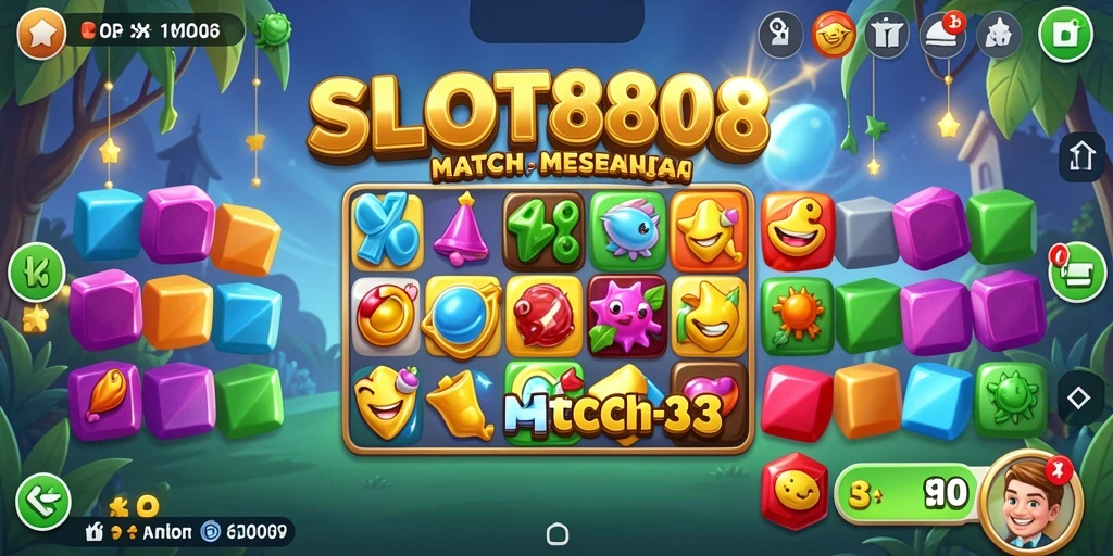 Screenshot dari permainan SLOT8808 yang menunjukkan gameplay Match-3 yang seru.