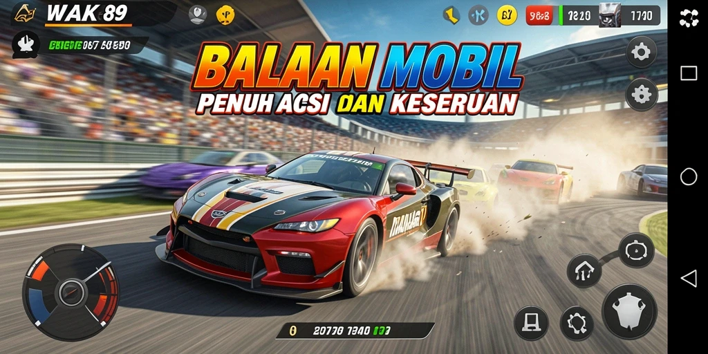 Screenshot utama WAK89 menunjukkan aksi balapan mobil yang seru.